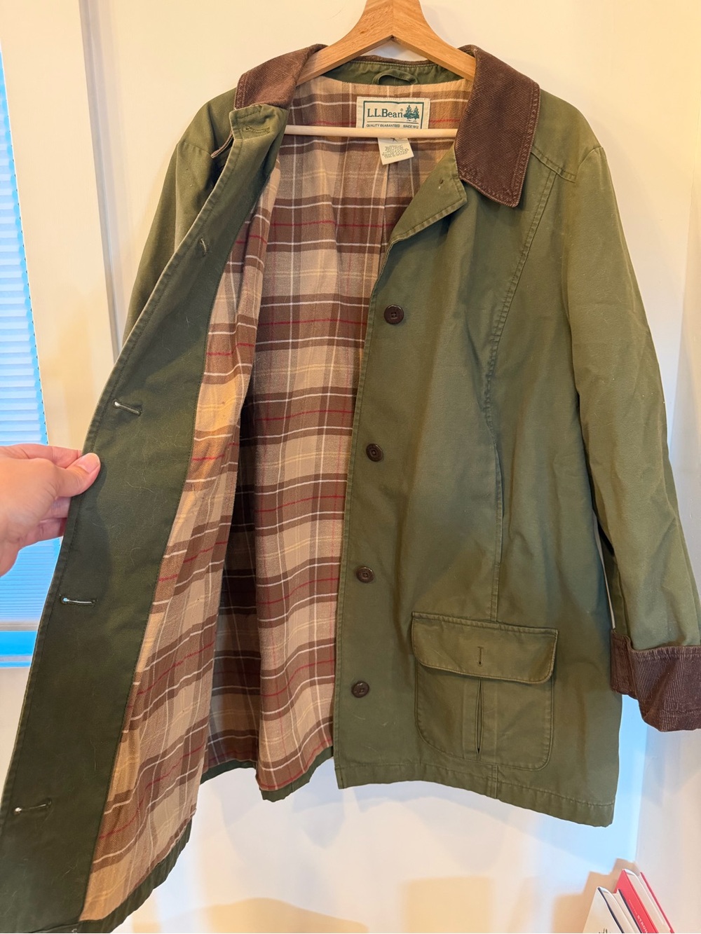 L.L. Bean Women's Olive Green Cotton Field Coat with Plaid Lining